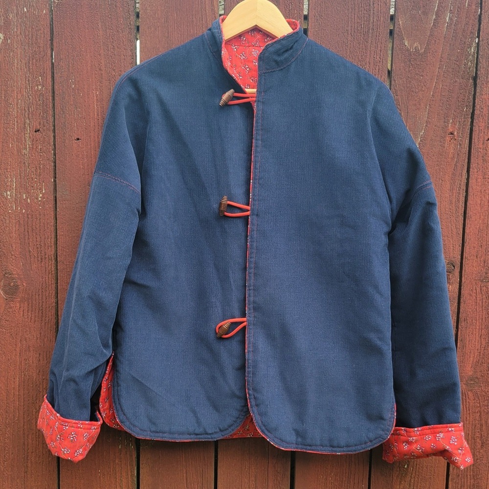 VTG Handmade Reversible Quilted Corduroy Floral Jacket Navy Red Toggle S/M